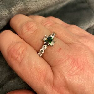 Lab grown ring green red opal Rhodium plating size 10